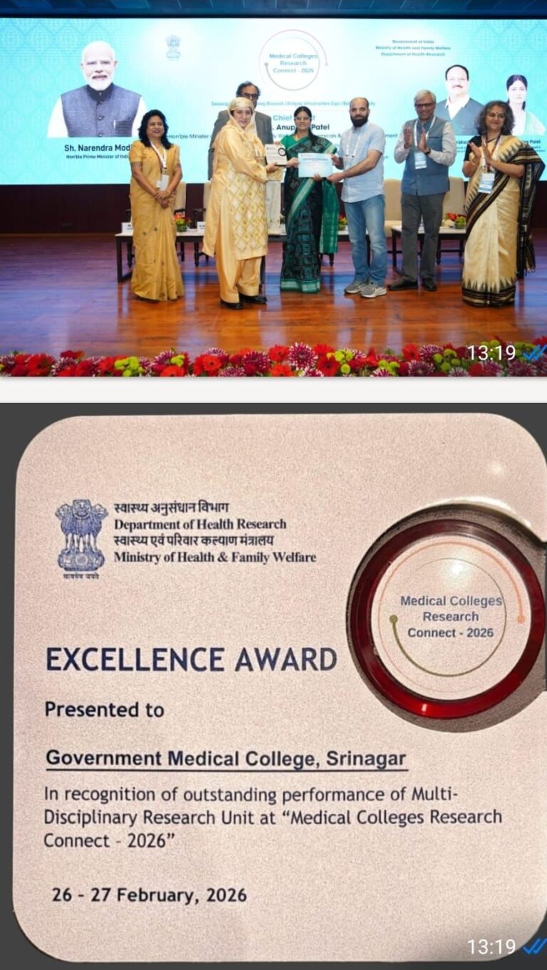 GMC Srinagar Clinches National Excellence Award at Medical Colleges Research Connect–2026 in New Delhi